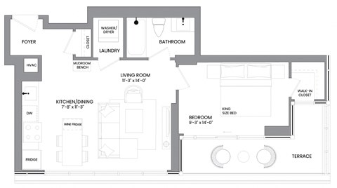 Floor plan for 1 bed, 1 bath, 610 sqft